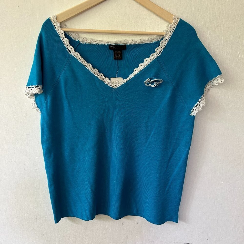 Grace Elements Silk Blouse Womens Size 1X Blue NWT Lace Detail Top Coquette